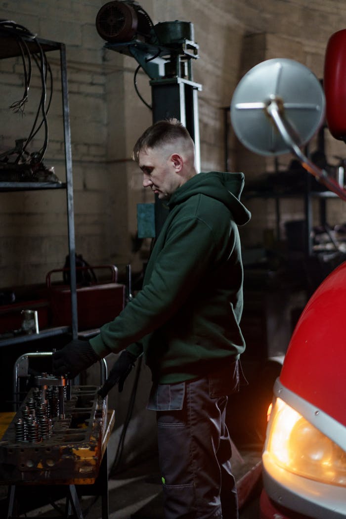 A focused mechanic working on automotive repair in a dimly lit garage setting.